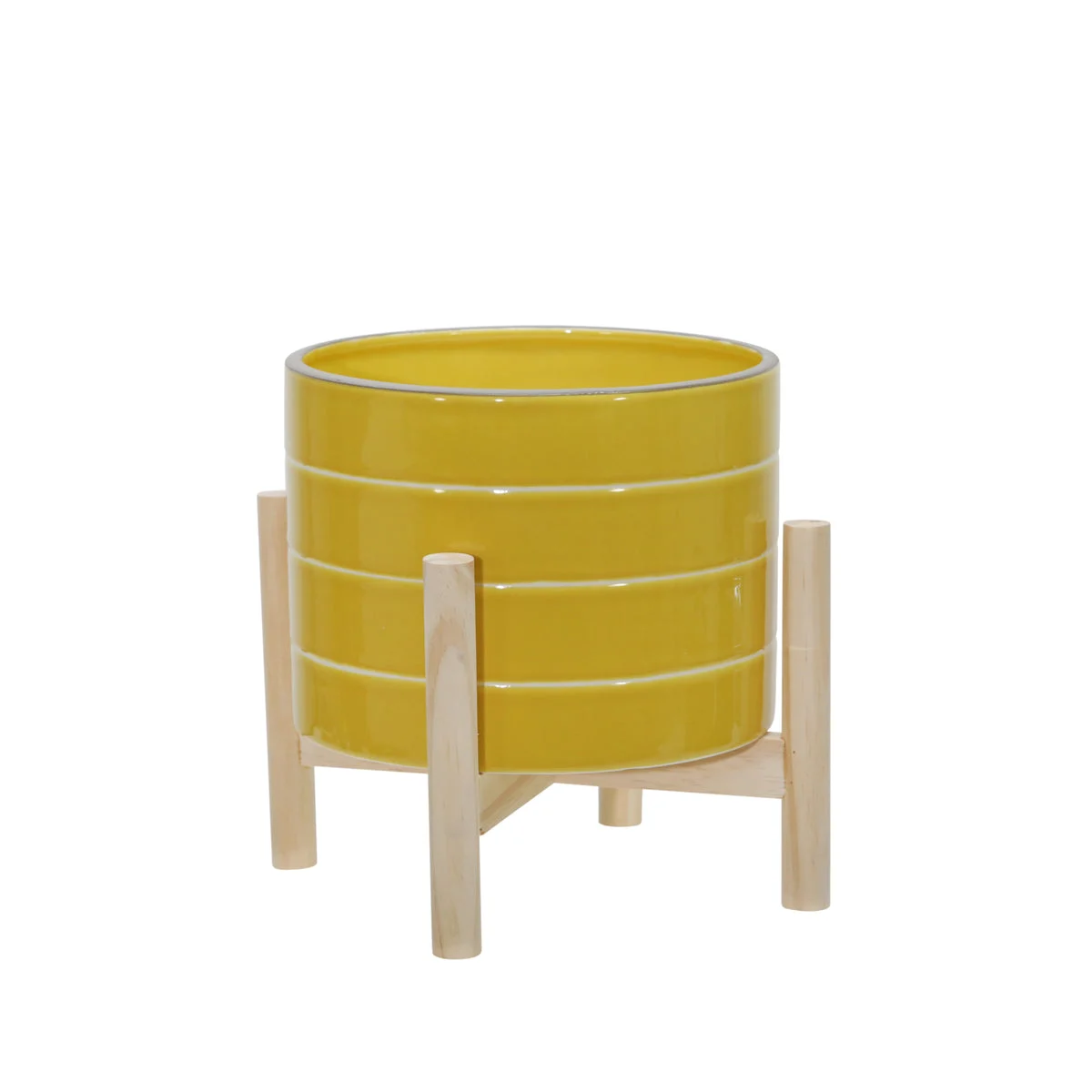 Sagebrook Home 8" Ceramic Striped Planter W/ Wood Stand, Yellow