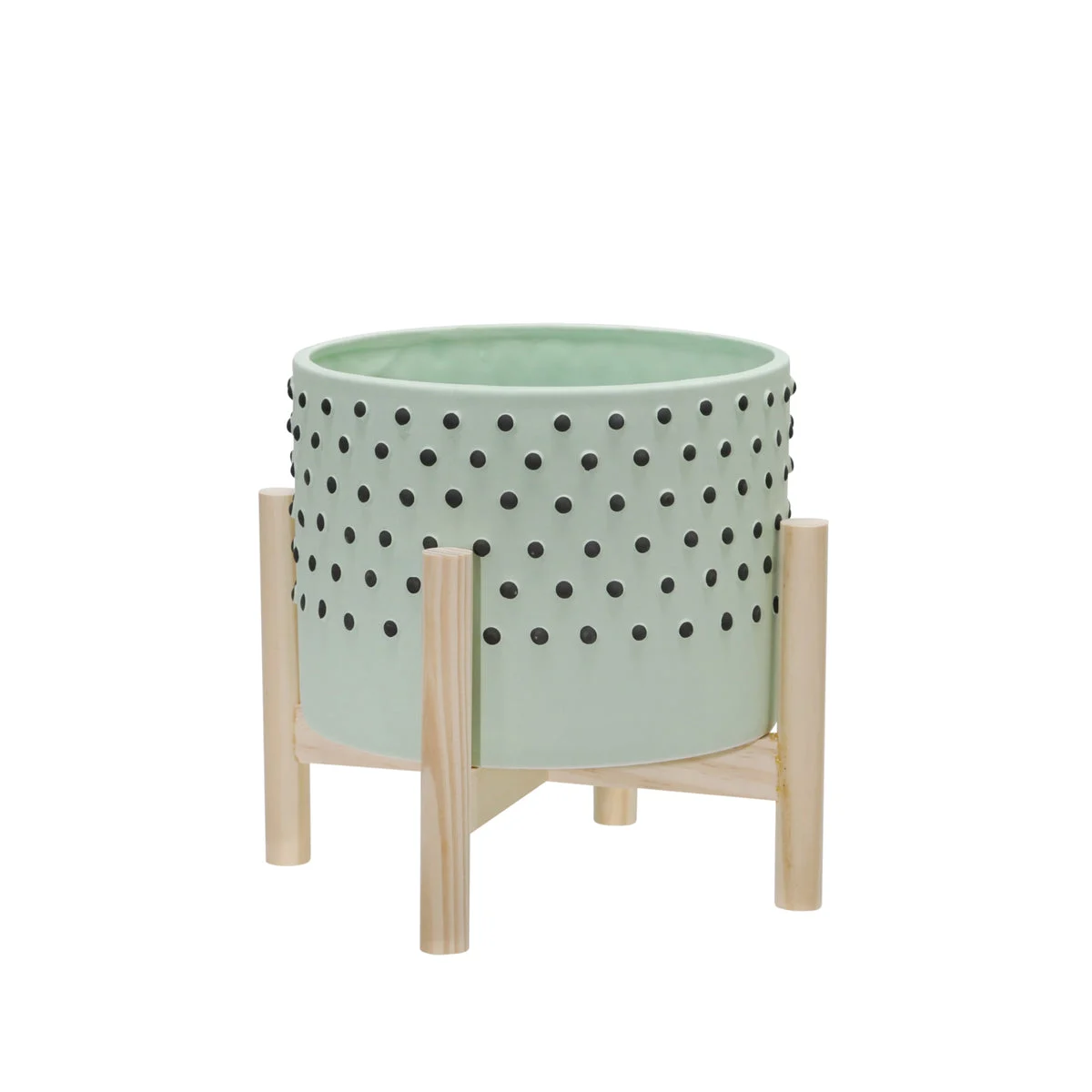 Sagebrook Home 15073-01 8" Ceramic Dotted Planter with Wood Stand, Green