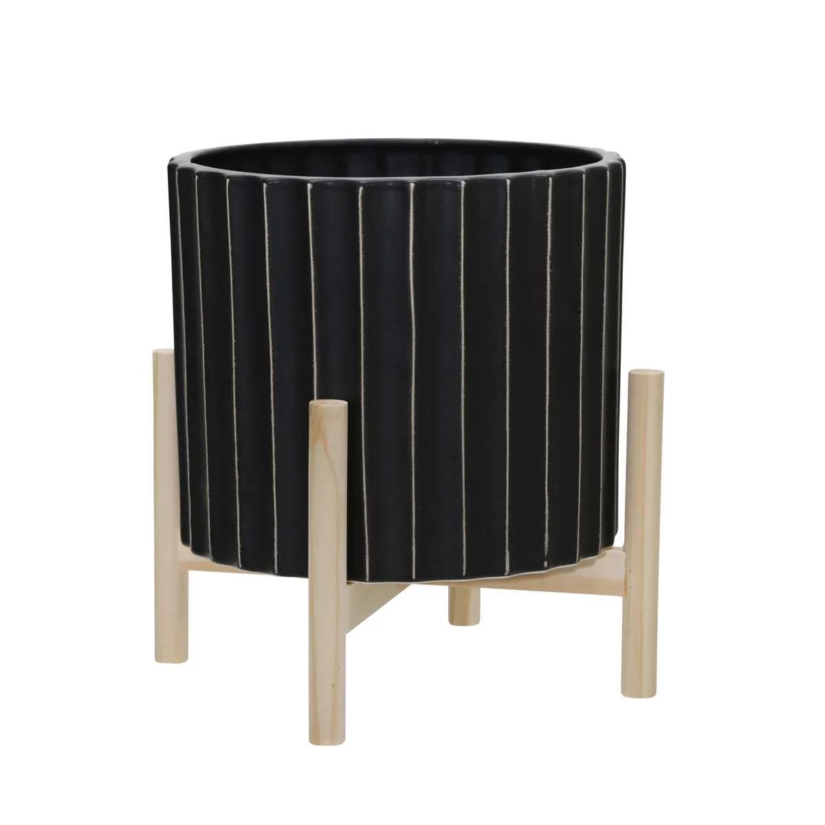 Sagebrook Home 15074-01 12" Ceramic Fluted Planter with Wood Stand, Black