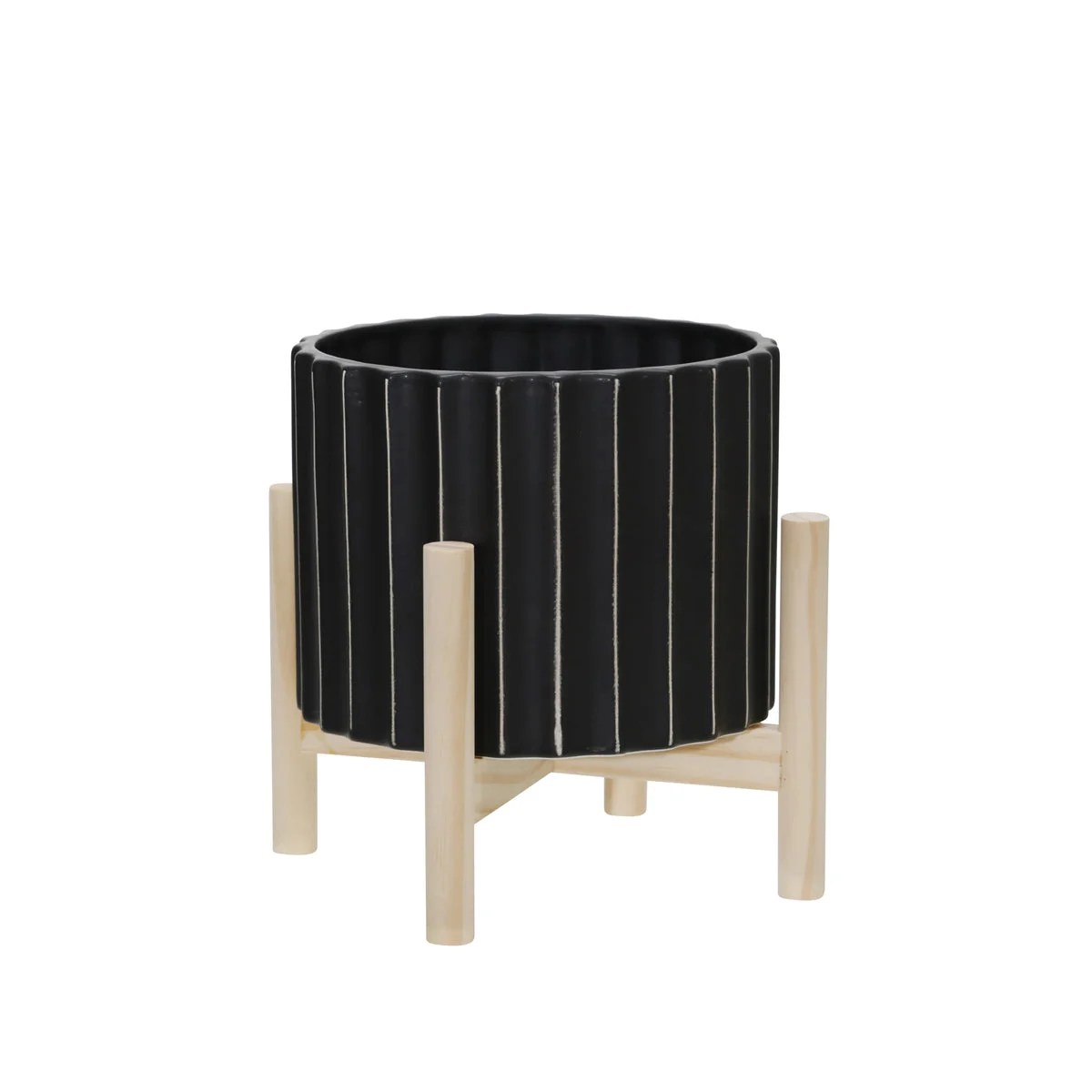 Sagebrook Home 8" Ceramic Fluted Planter W/ Wood Stand, Black