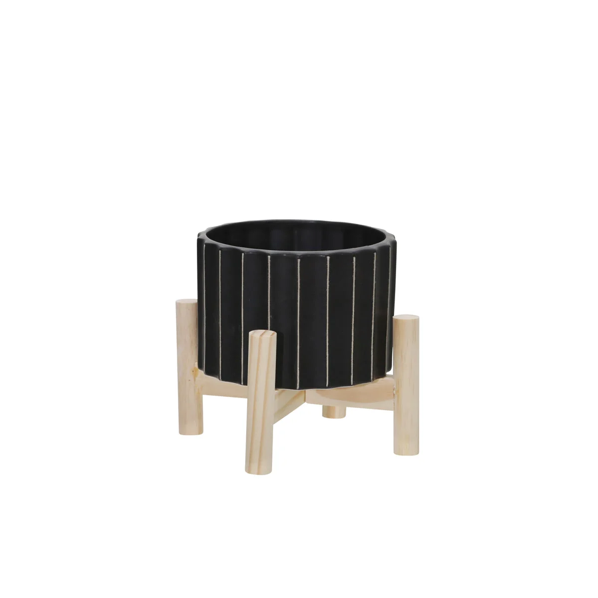 Sagebrook Home 6" Ceramic Fluted Planter W/ Wood Stand, Black