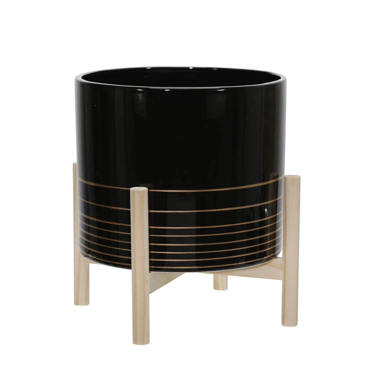 Sagebrook Home 15075-01 12" Ceramic Metallic Planter with Wood Stand, Black