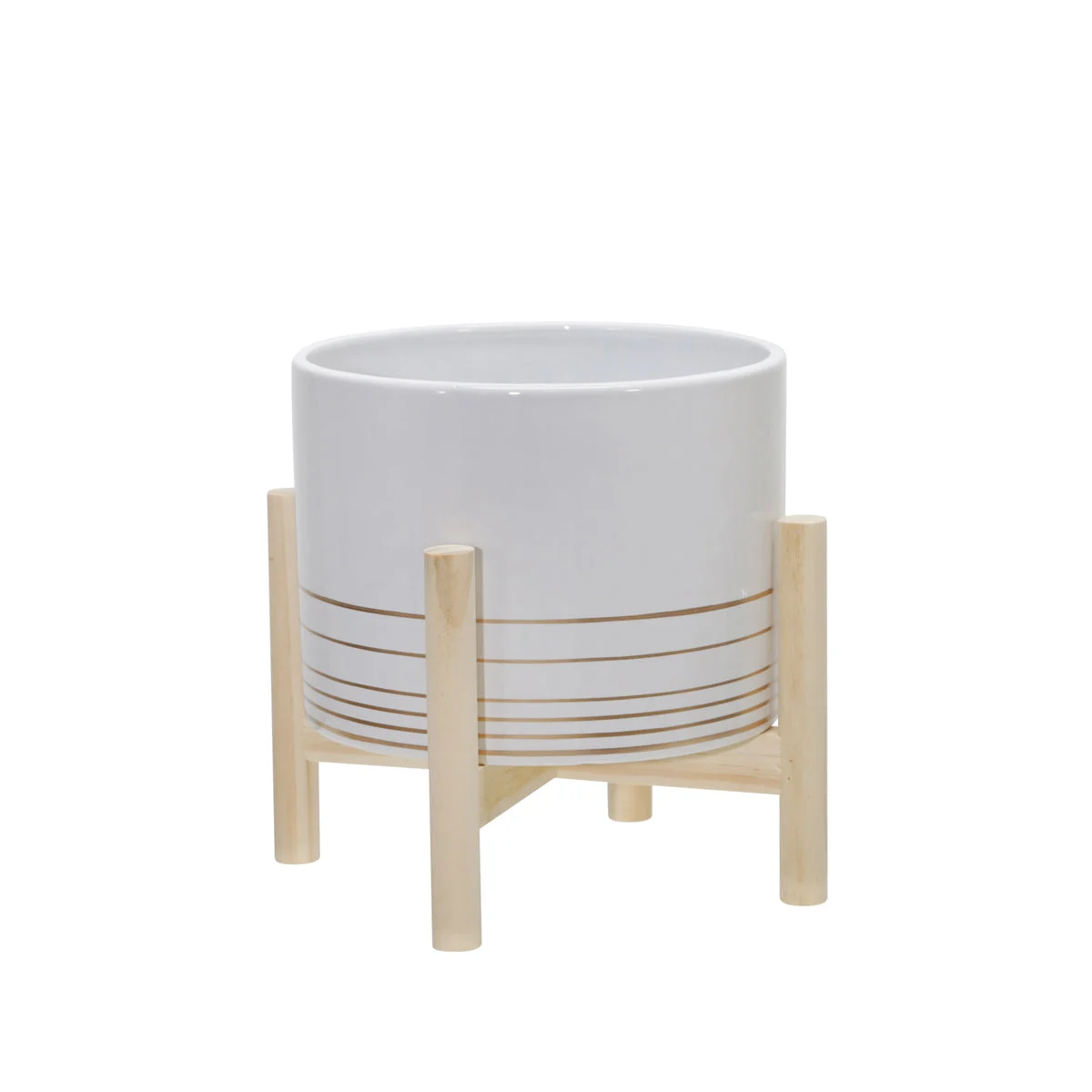 Sagebrook Home 15076-02 8" Ceramic Metallic Planter with Wood Stand, White