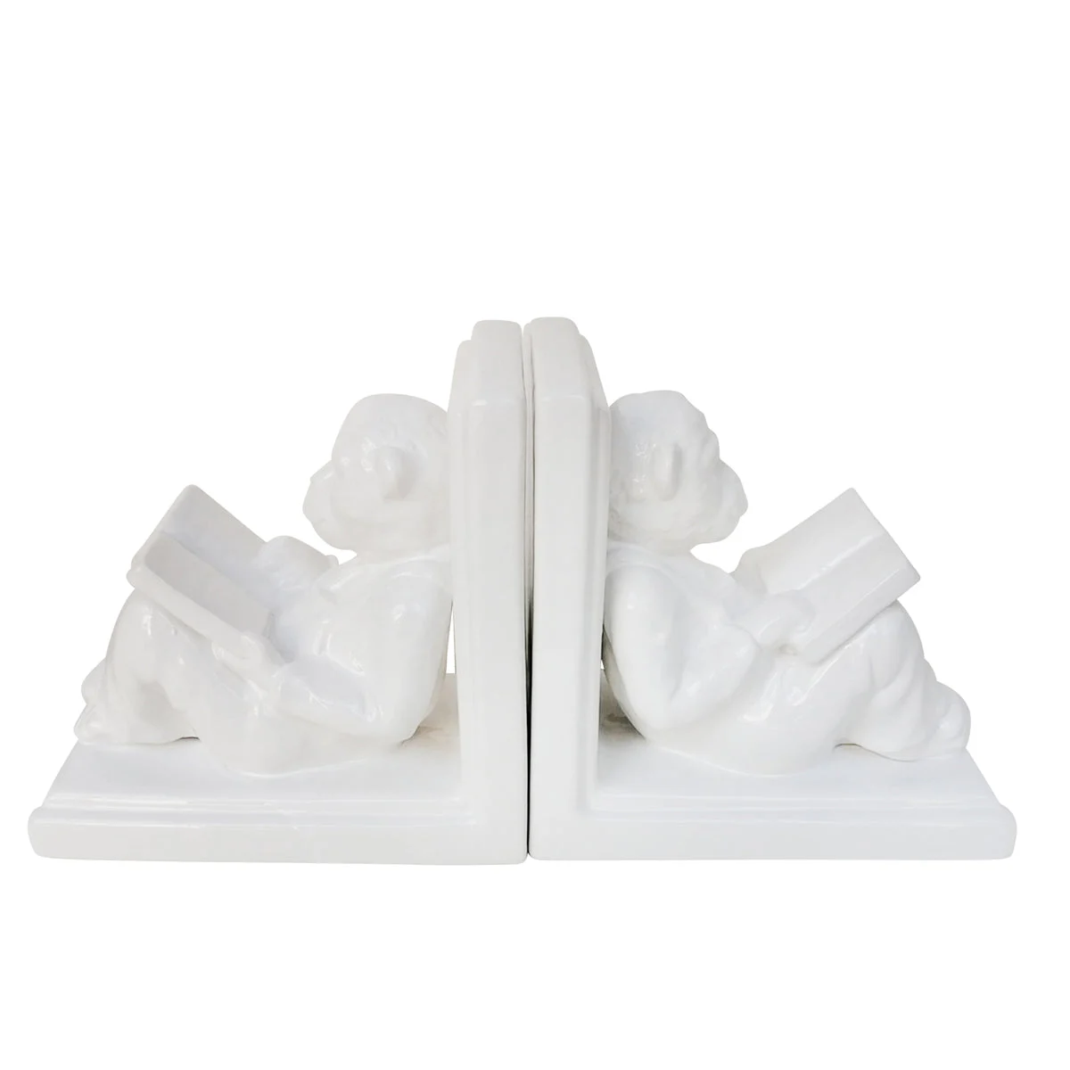 Sagebrook Home 15080 7" Ceramic Reading Monkey Bookends, White, Set of 2