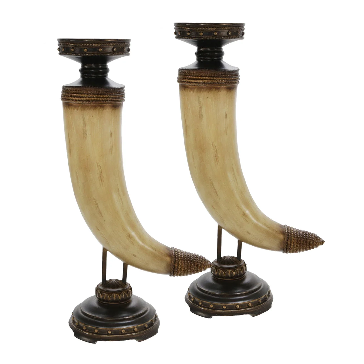 Sagebrook Home Set of 2 Resin Horn 17`` Candle Holders, Beige