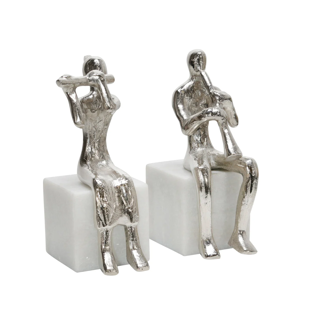 Sagebrook Home Set of 2 Metal Musicians On Marble Base, Silver
