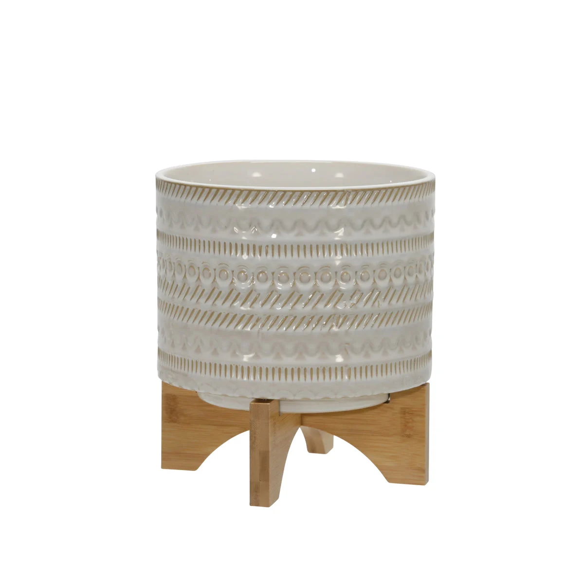 Sagebrook Home 15350-02 8" Tribal Planter with Wood Stand, Beige
