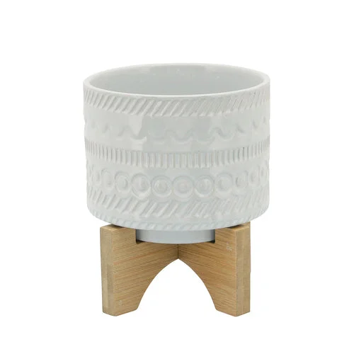Sagebrook Home 15350-04 6" Tribal Planter with Wood Stand, White