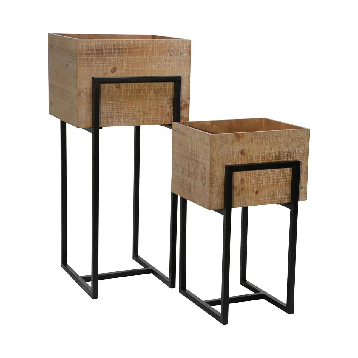 Sagebrook Home Set of 2 Wood/Metal 12/14`` Square Planters, Brown/Black
