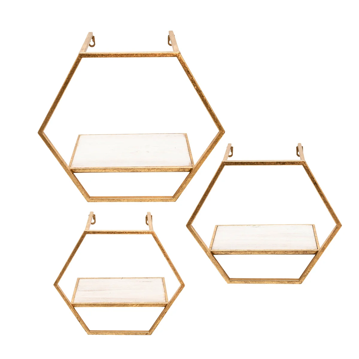 Sagebrook Home Set of 3 Metal/Wood Hexagon Wall Shelves, Gold