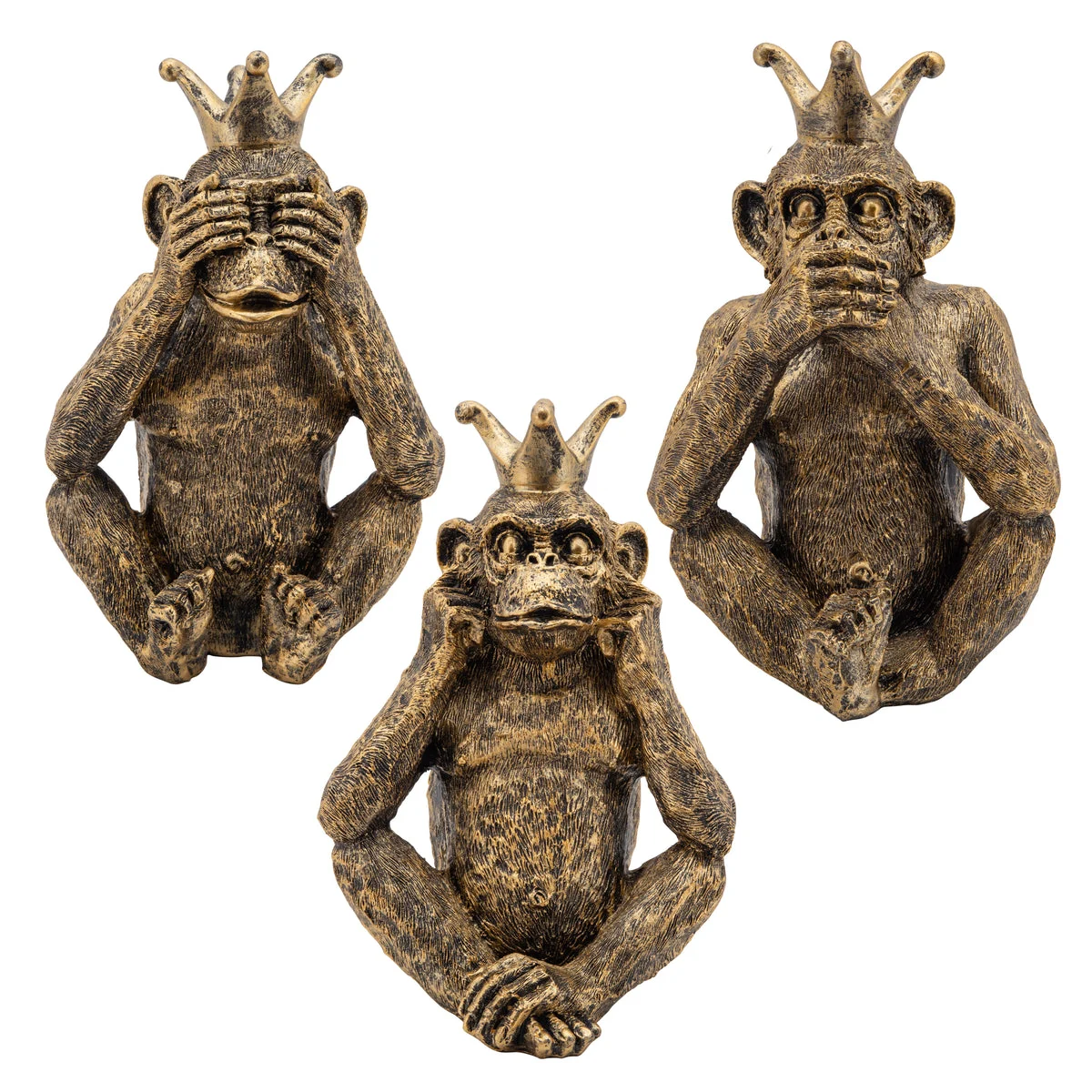Sagebrook Home Set of 3 No Speak, Hear Or See Monkeys W/ Crown, Gold