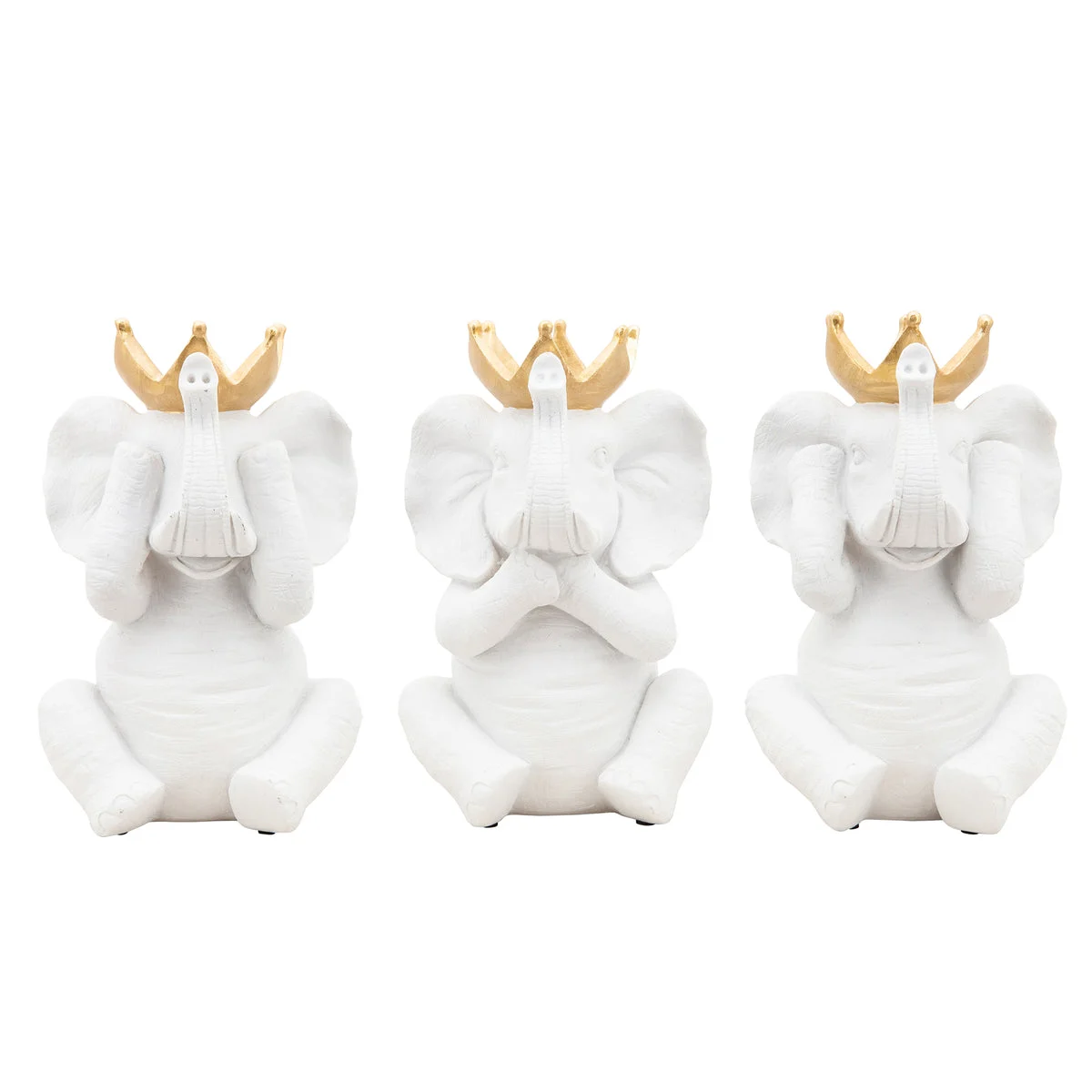 Sagebrook Home Resin 8" No See/Speak/Hear Elephants, White W/ Gol