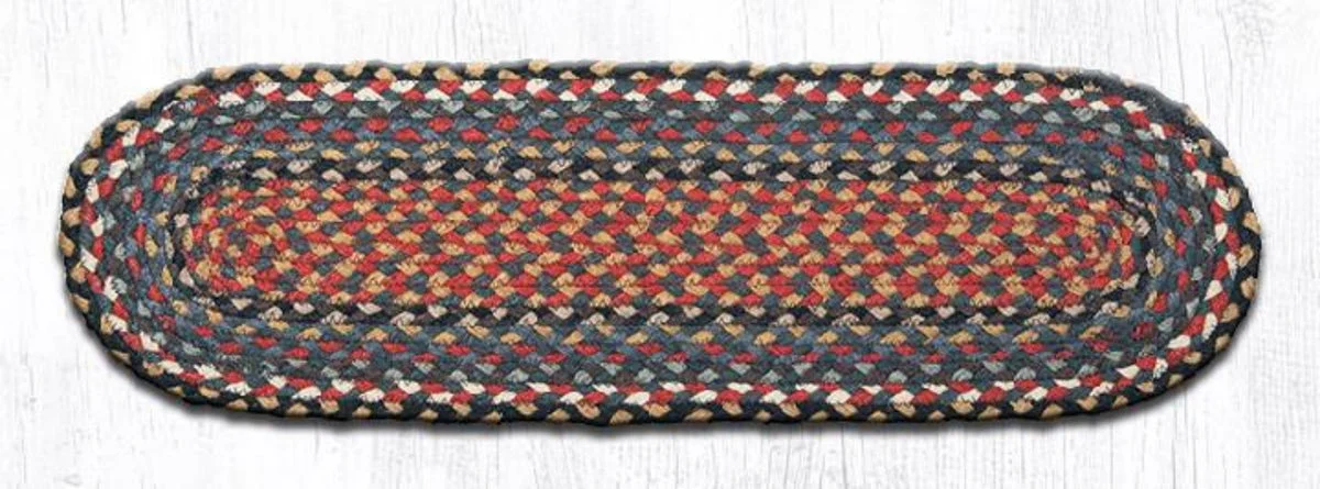 Earth Rugs Burgundy/Blue/Gray Oval Stair Tread 27"x8.25" – Hand-Braided Jute Stair Rug in Rustic Americana Colorway