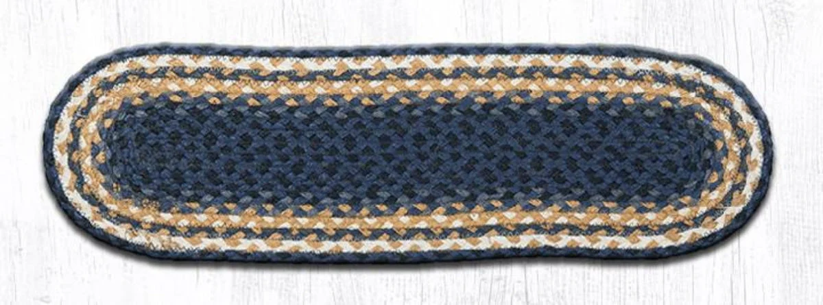 Earth Rugs Light Blue, Dark Blue & Mustard Oval Stair Tread 27"x8.25" – Braided Cotton Rug