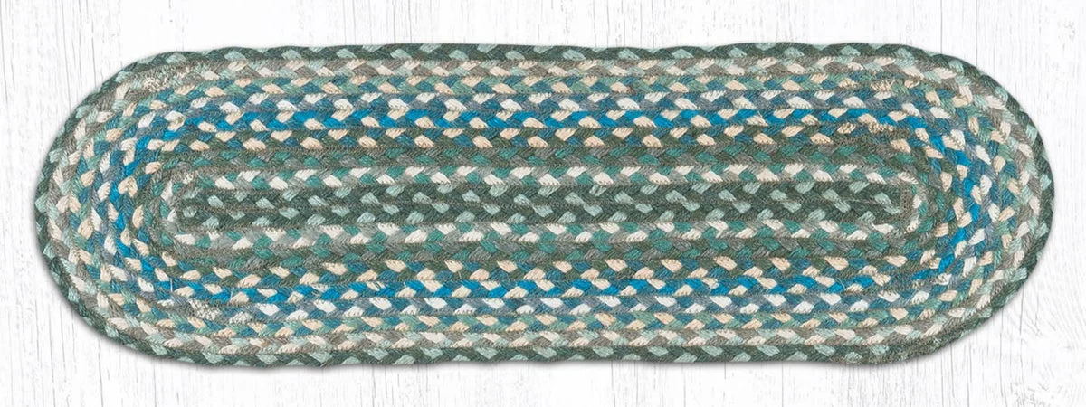 Earth Rugs Sage/Ivory/Settlers Blue Oval Stair Tread 27"x8.25" – Hand-Braided Jute Stair Rug in Cool Country Color Palette