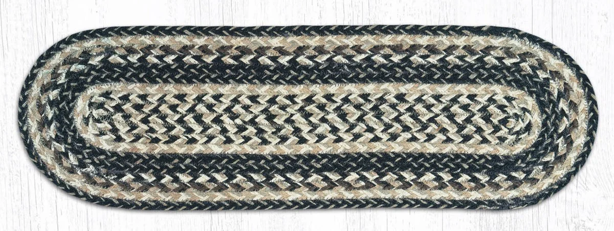 Earth Rugs Black & Tan Oval Stair Tread, 27"x8.25", Braided Jute Rug for Rustic or Farmhouse Stairs, Slip-Resistant Accent
