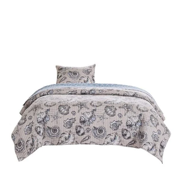 Benzara 2 Piece Twin Quilt Set with Seashell and Starfish Print, White and Gray