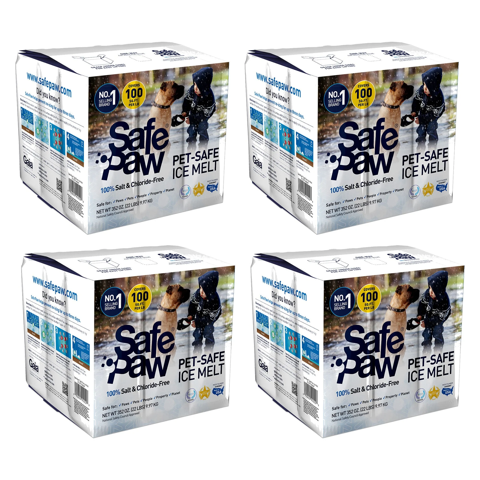 Safe Paw Pet Safe Ice Melt, 100% Salt and Chloride free with Traction Agent, Non-Toxic, Fast Acting, Lasts 3X Longer – 35 Lbs, 4 Pack