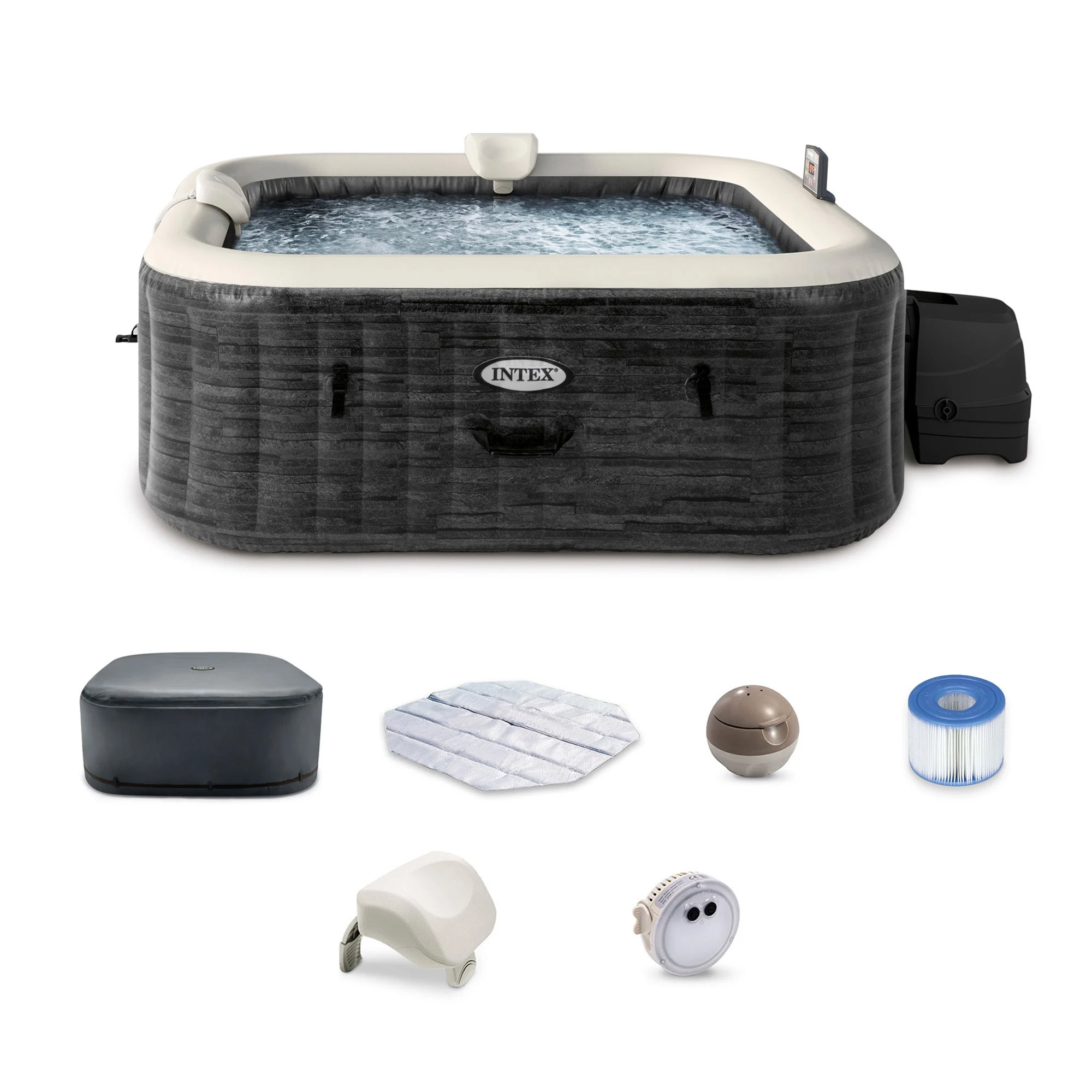 Intex PureSpa Plus Greystone 4 Person Inflatable Square Hot Tub Spa, 69 x 28"
