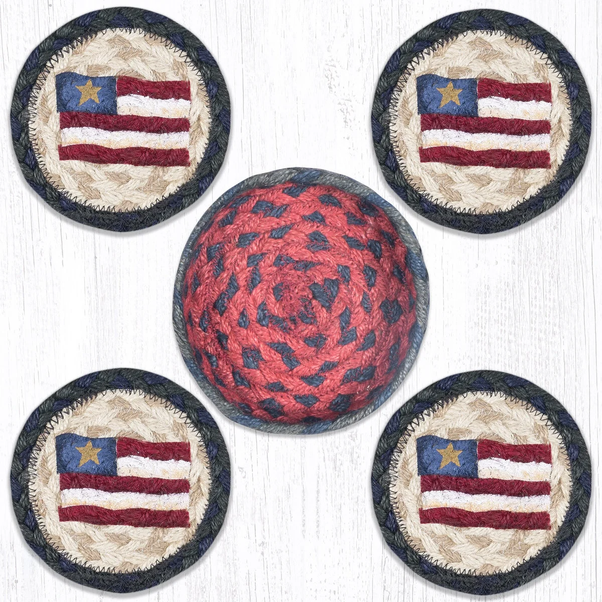 Earth Rugs CNB-15 Primitive Star Flag Coasters in a Basket 5``x5``