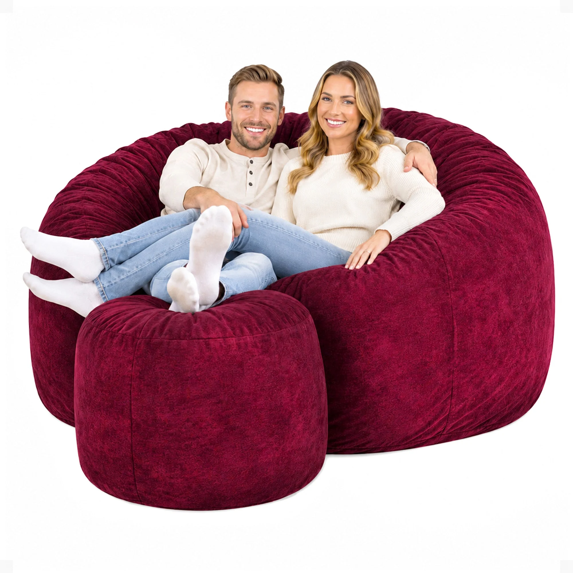 Ultimate Sack 6' Bean Bag Chair and Footstool, Oversized Lounger, Burgundy Suede