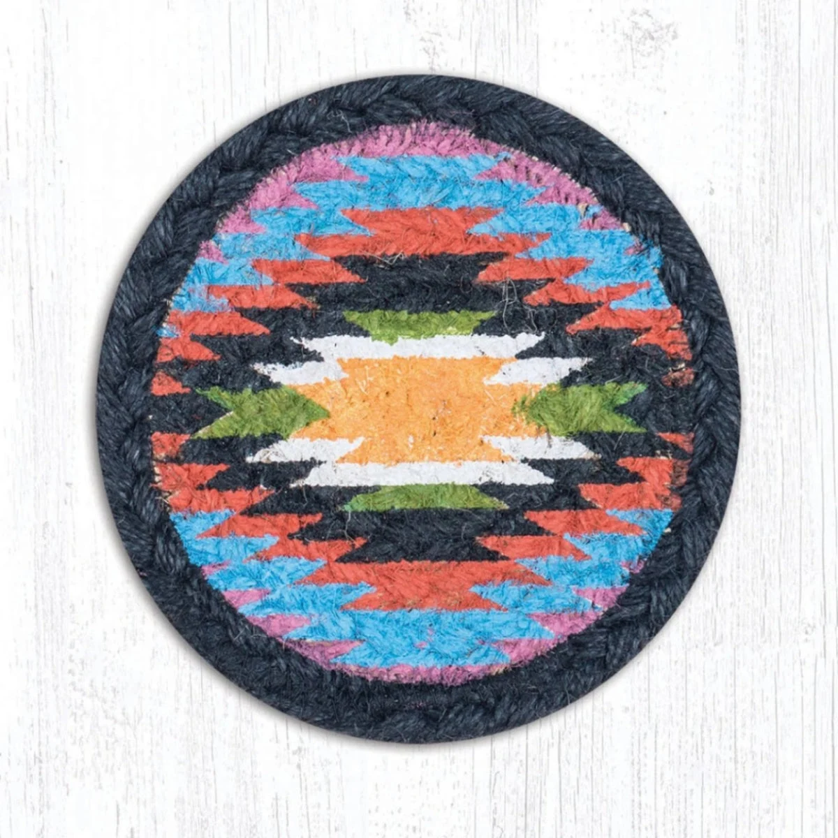 Earth Rugs Native Hand-Stenciled Jute Coaster – 5" Round Eco-Friendly Braided Tabletop Accent