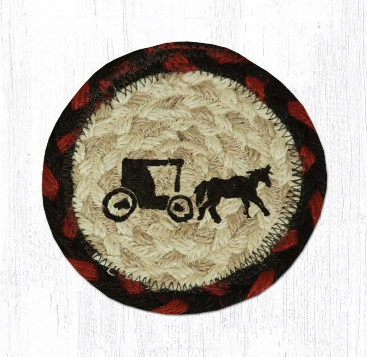 Earth Rugs Printed Coaster – Amish Buggy Design, Rustic Braided Jute Farmhouse Accent, Country Americana Table Coaster, 5"x5"