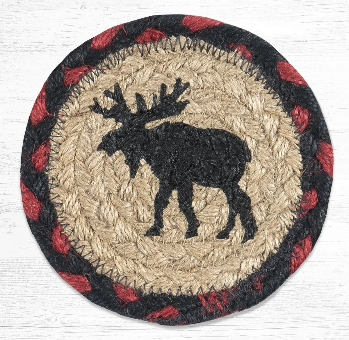 Earth Rugs Printed Coaster – Black Moose Design, Rustic Braided Jute Lodge Accent, Wildlife Cabin Table Decor, 5"x5"