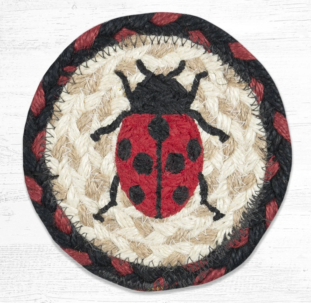 Earth Rugs Printed Coaster – Ladybug Design, Braided Jute Nature-Inspired Accent, Whimsical Garden Table Decor, 5"x5"