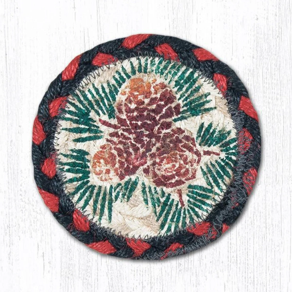 Earth Rugs Pinecone Printed Coaster – 5"x5" Braided Jute Rustic Decor with Nature-Inspired Design
