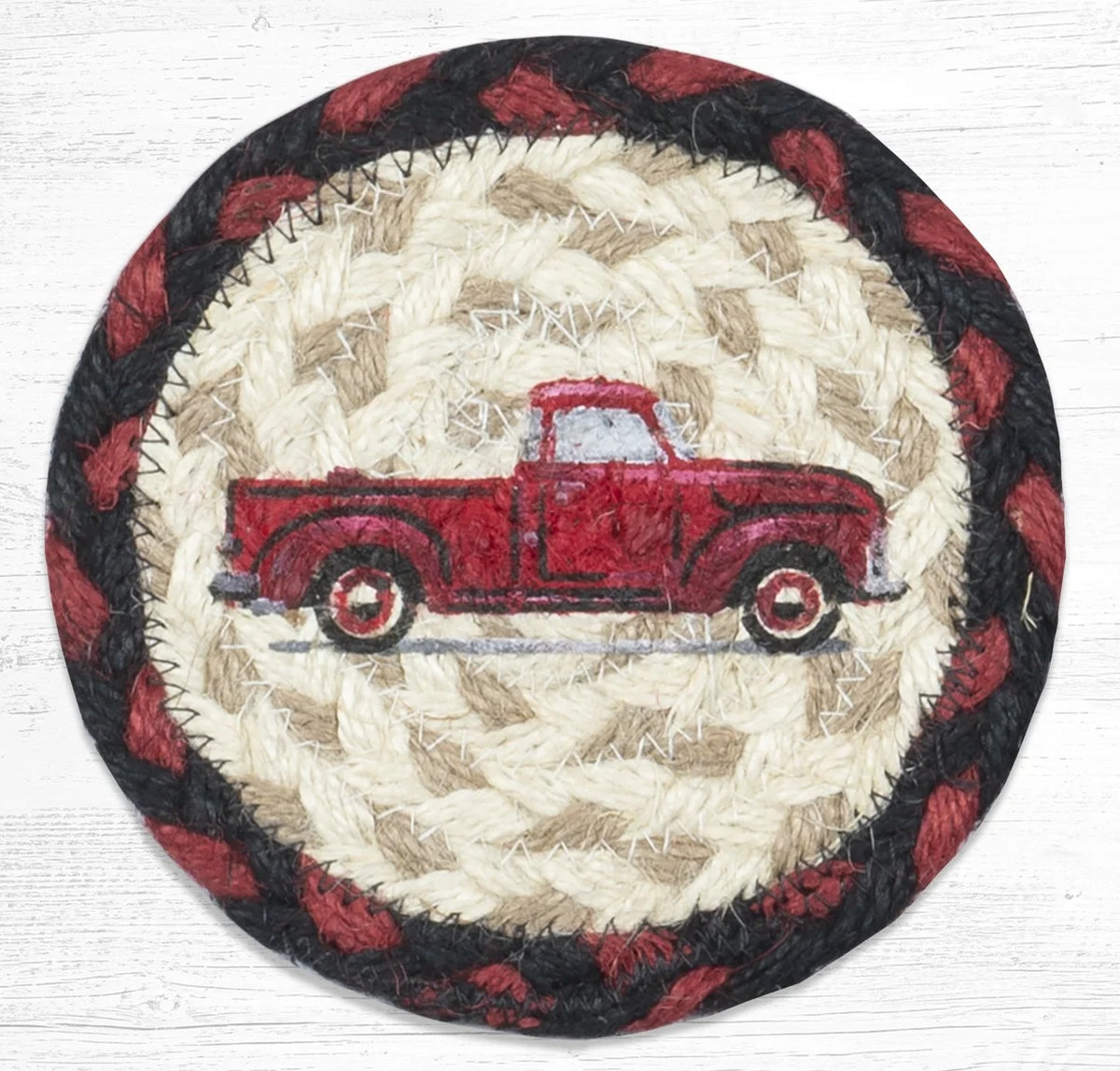 Earth Rugs Vintage Red Truck Printed Coaster – 5"x5" Rustic Holiday Decor in Braided Jute