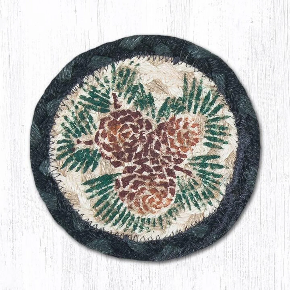 Earth Rugs Pinecone Jute Coaster – 5"x5" Nature-Inspired Square with Woodland Print and Rustic Braided Texture