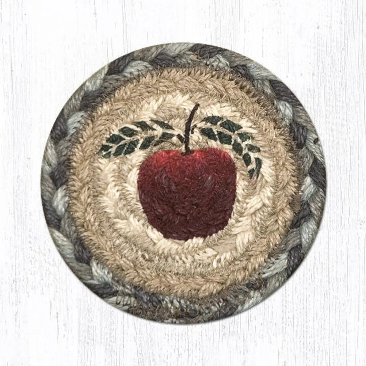 Earth Rugs Apple Printed Coaster – 5"x5" Braided Jute Table Accent with Country Farmhouse Style