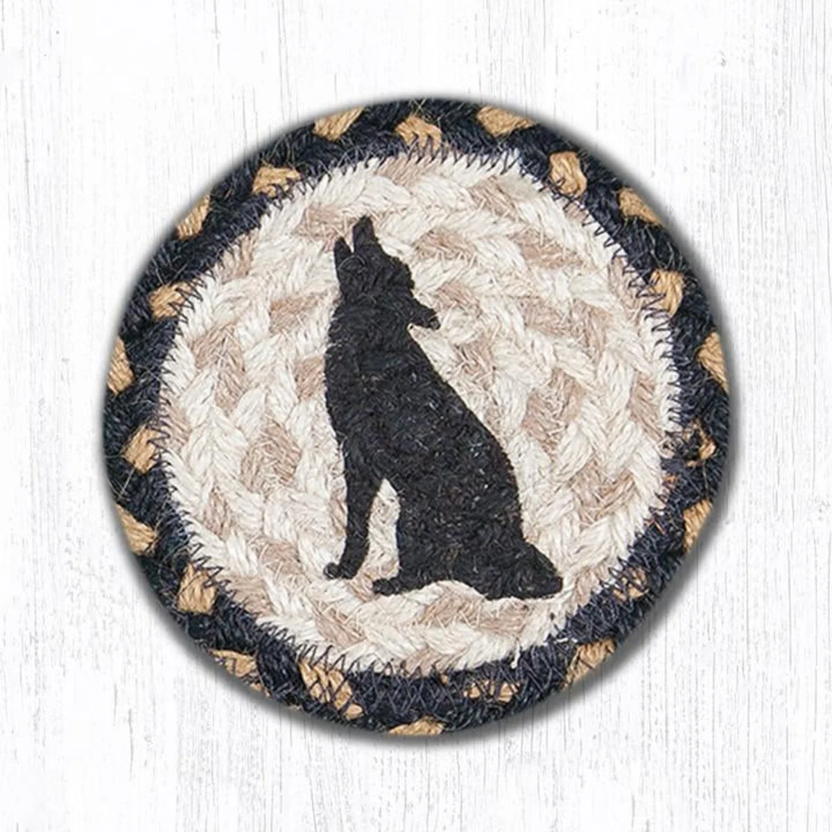 Earth Rugs Howling Coyote Printed Coaster – 5"x5" Braided Jute Wildlife Accent for Rustic Lodge or Desert Decor