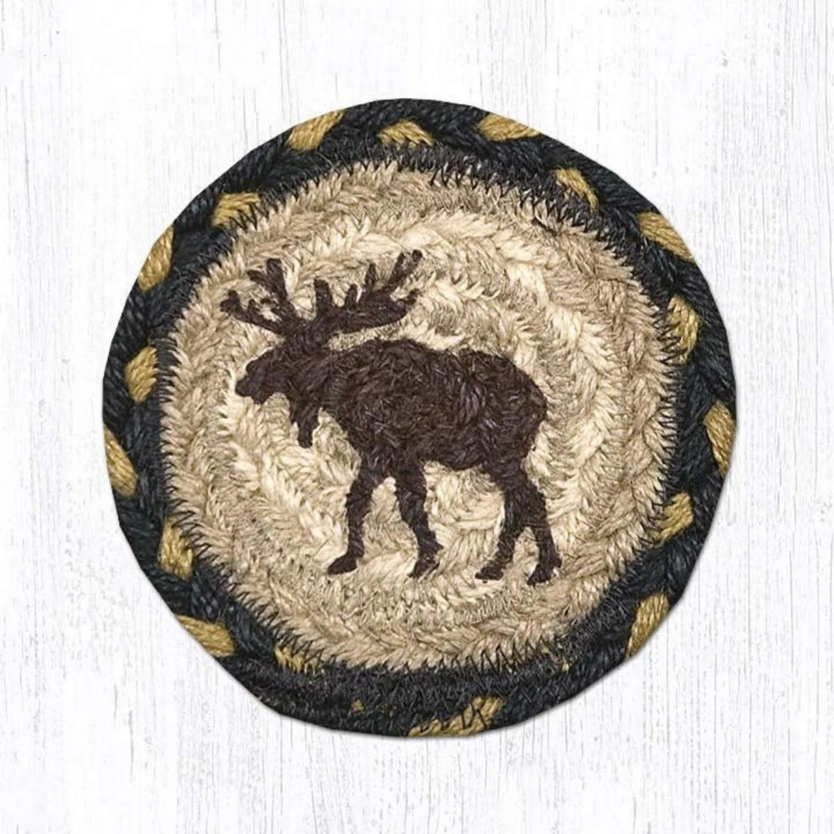 Earth Rugs Moose Printed Coaster – 5"x5" Rustic Braided Jute Square with Lodge Wildlife Design for Cabin or Country Decor