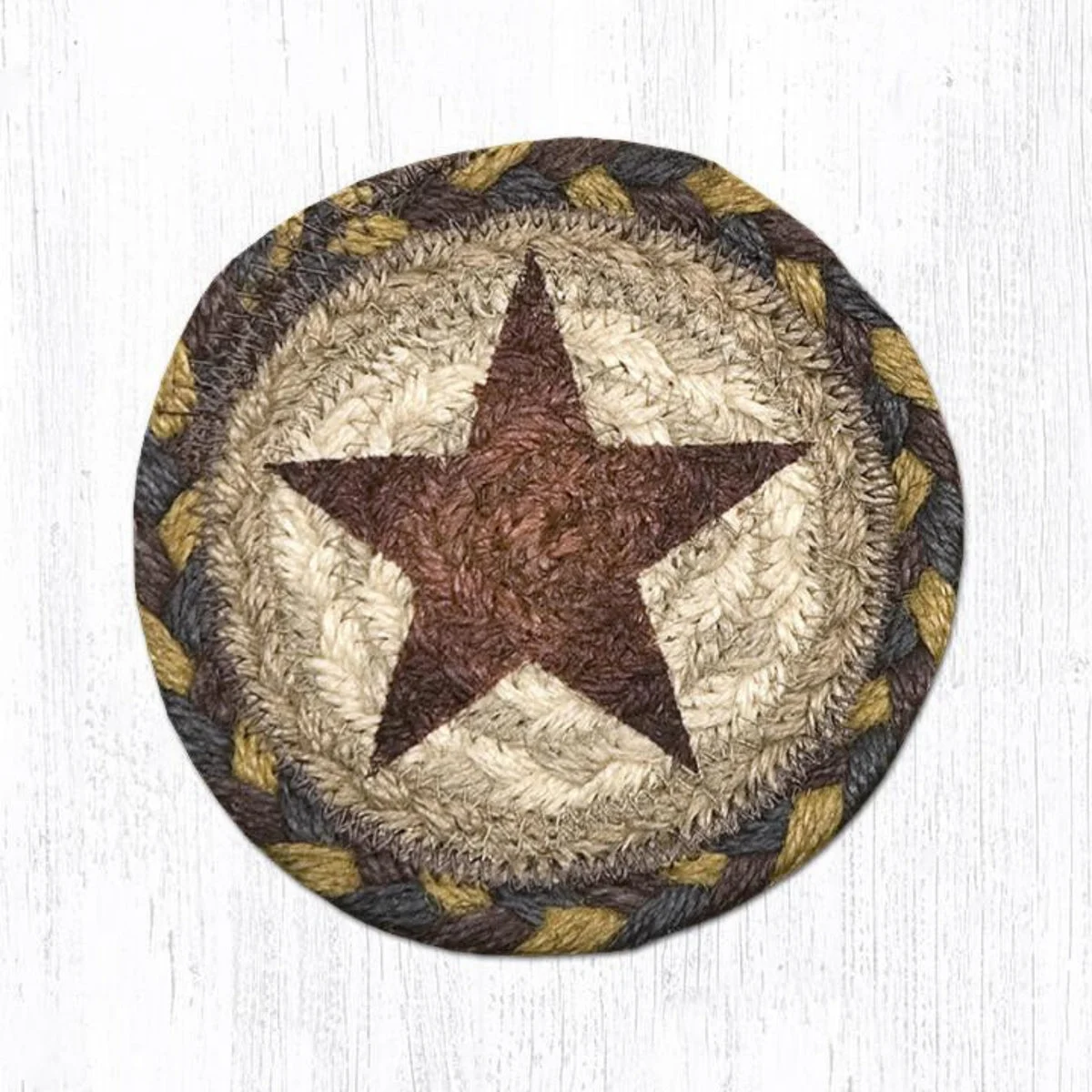 Earth Rugs Gold Star Printed Coaster – 5"x5" Hand-Braided Jute with Country Primitive Americana Star Design