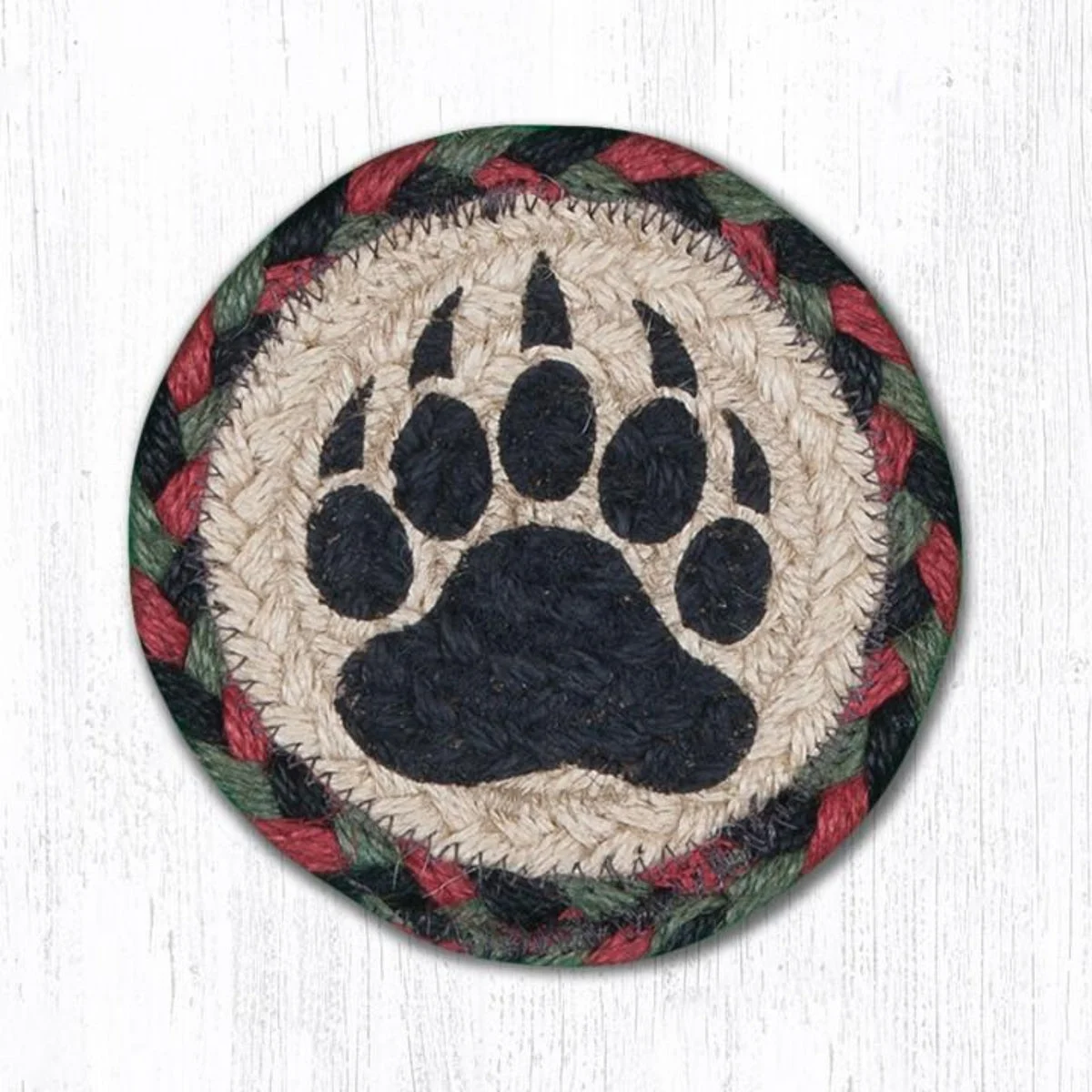 Earth Rugs Bear Paw Printed Coaster – 5"x5" Rustic Braided Jute Drink Mat with Wildlife Track Design for Lodge & Cabin Decor