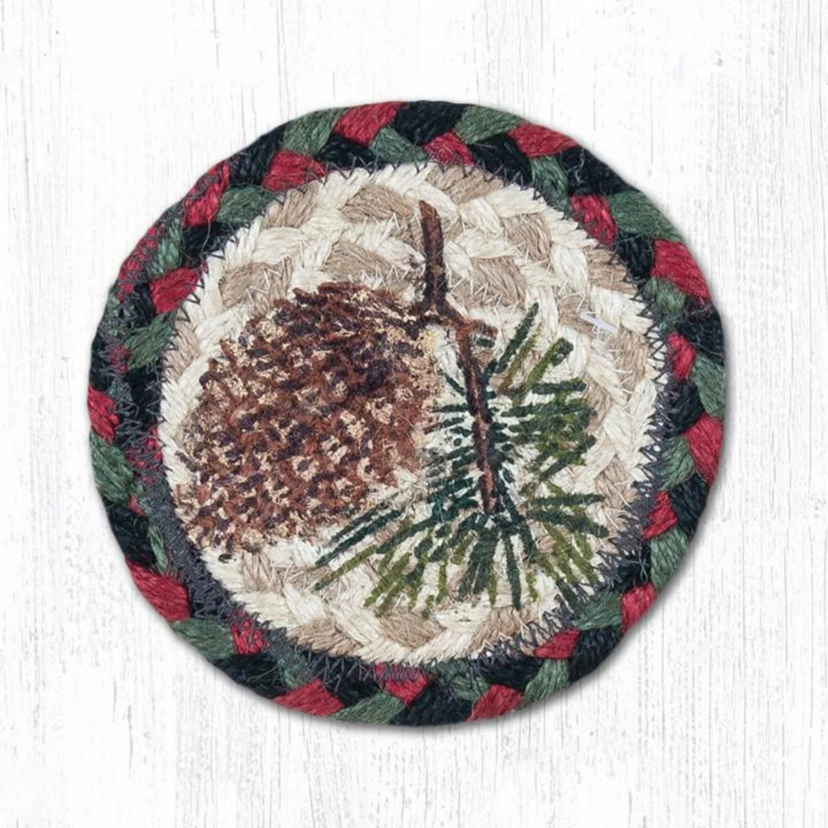 Earth Rugs Pinecone Printed Coaster – 5"x5" Braided Jute Rustic Woodland Design for Cabin and Lodge Decor