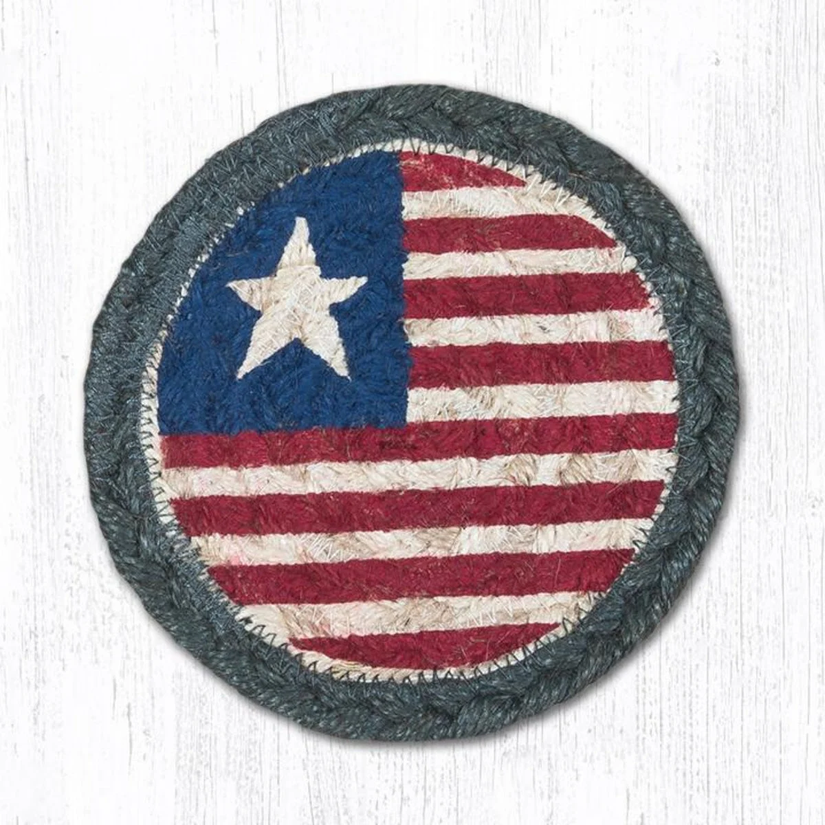 Earth Rugs Original Flag Printed Coaster – 5"x5" Braided Jute Square with Vintage American Flag Design for Patriotic Decor