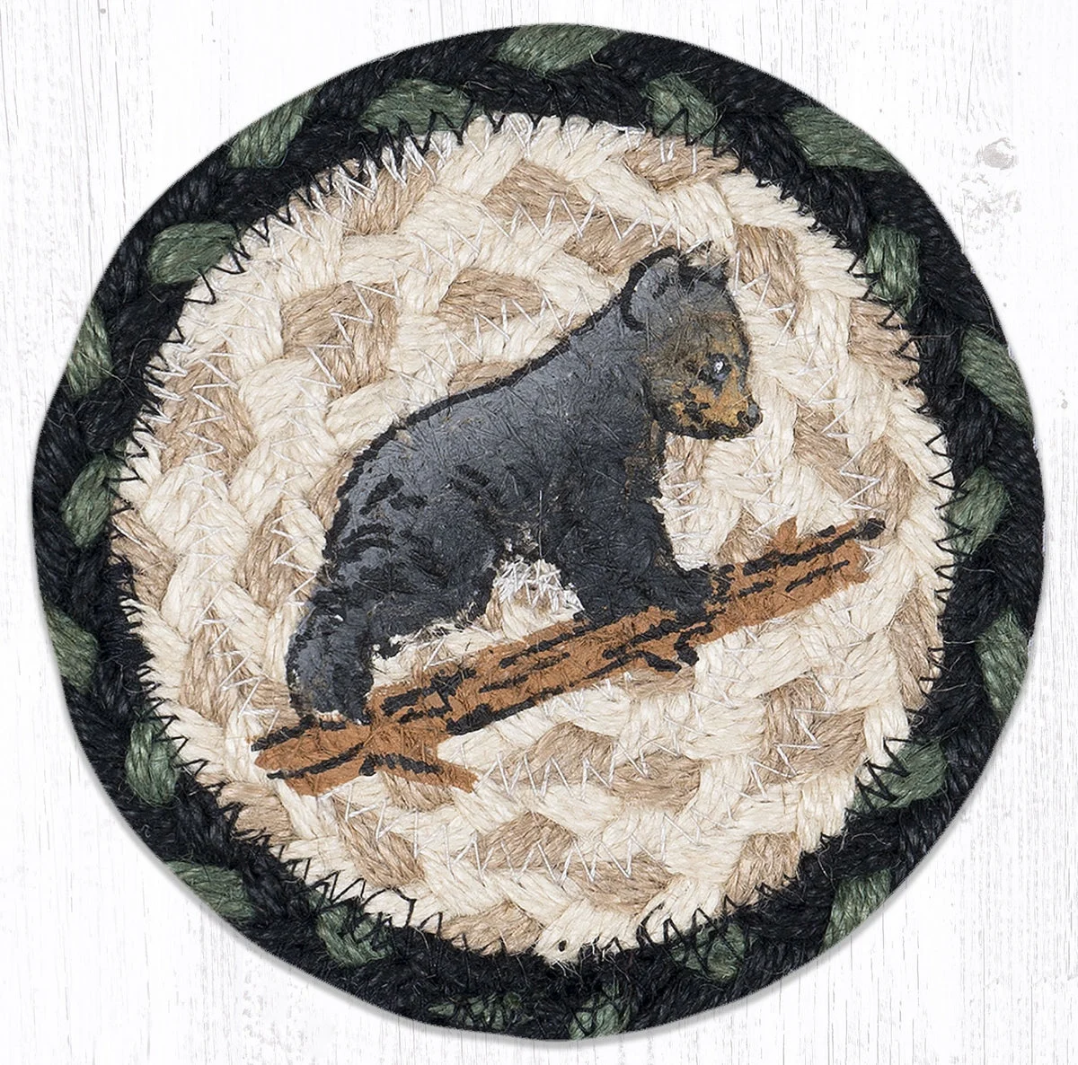 Earth Rugs Bear Cub Printed Coaster – 5"x5" Hand-Braided Jute with Adorable Wildlife Cub Design for Rustic Cabin Decor