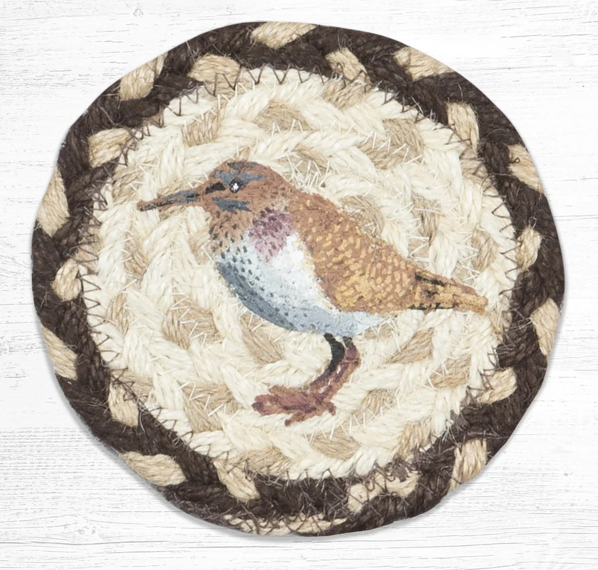 Earth Rugs Sandpiper Coaster – 5"x5" Braided Natural Fiber Drink Mat with Coastal Bird Print for Beach House Decor