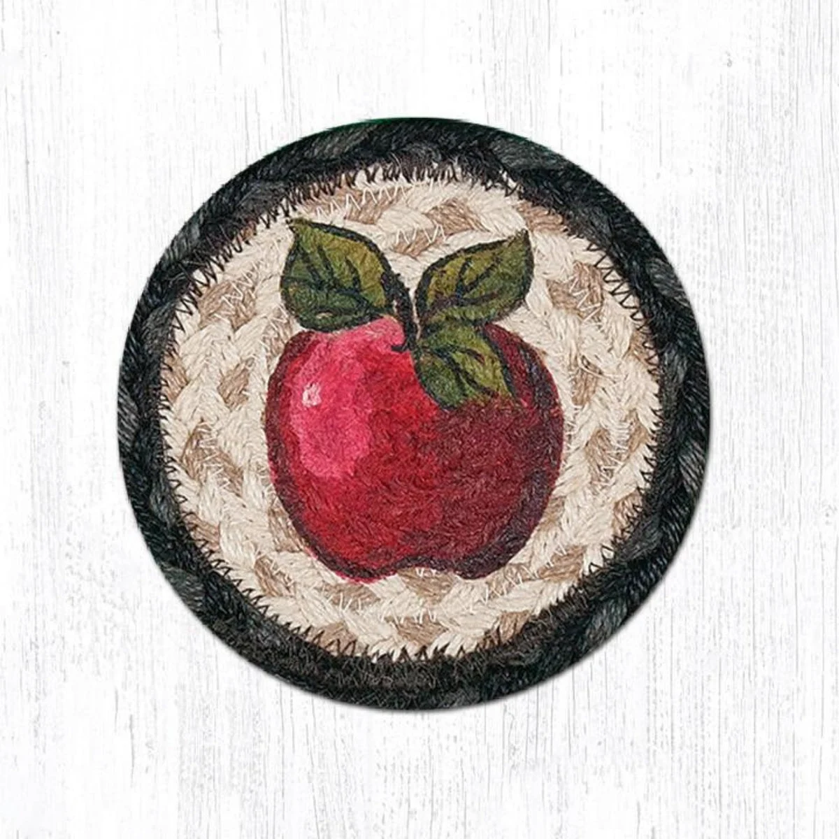 Earth Rugs Apple Coaster – 5"x5" Braided Natural Fiber Drink Mat with Classic Red Apple Print for Rustic Kitchen Decor