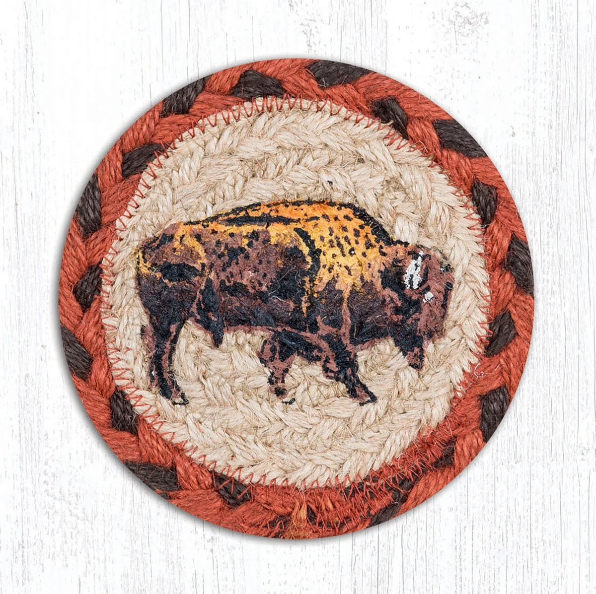 Earth Rugs Buffalo Coaster – 5"x5" Braided Natural Fiber Drink Mat with Western Buffalo Print for Rustic Lodge Decor