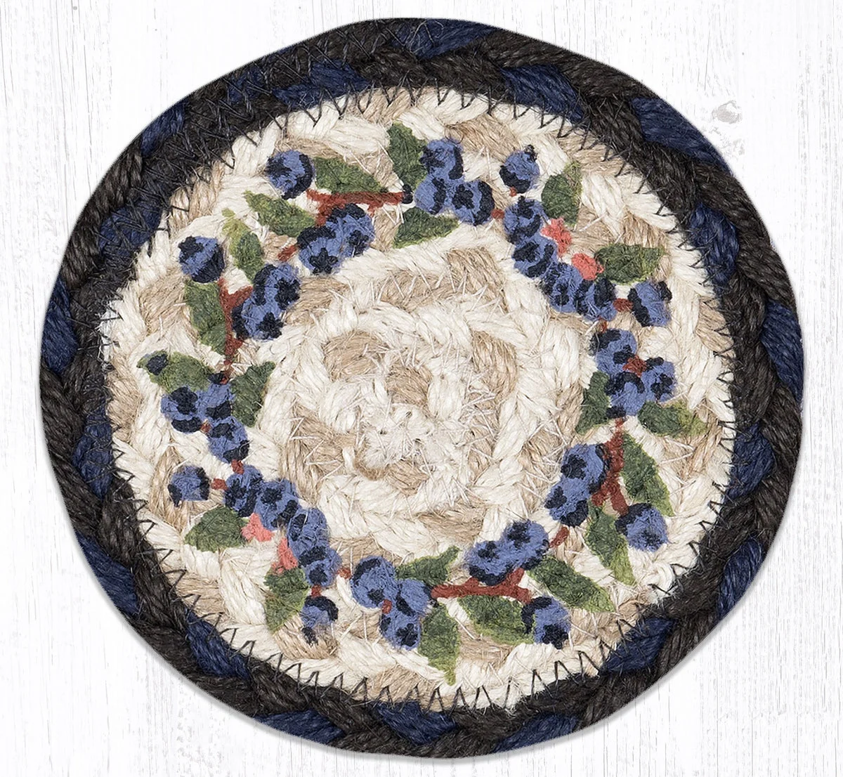 Earth Rugs Blueberry Vine Coaster – 5"x5" Braided Jute with Printed Botanical Design for Rustic Kitchen & Dining Table Decor