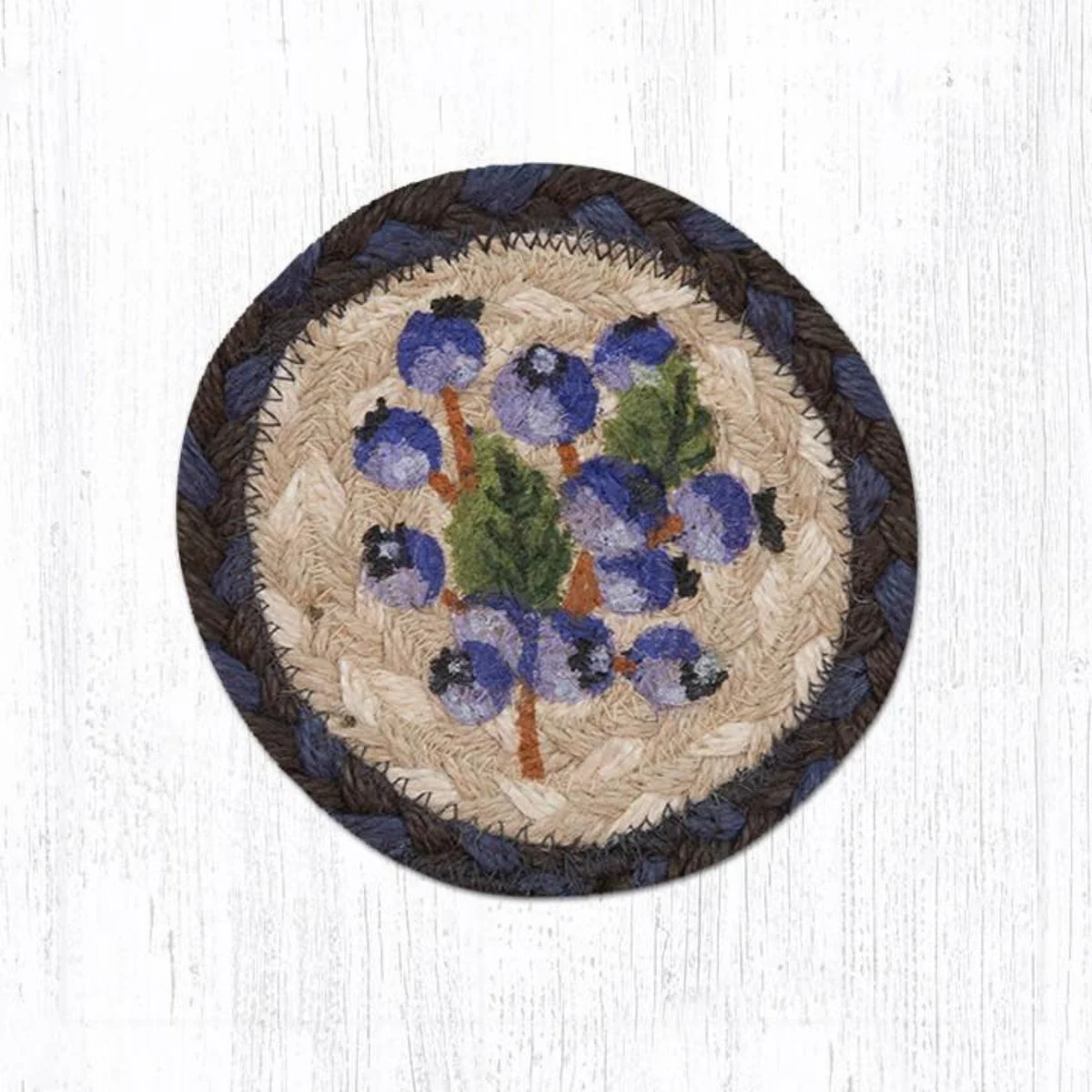 Earth Rugs Blueberry Coaster – 5"x5" Printed Braided Jute, Rustic Farmhouse Kitchen & Dining Decor