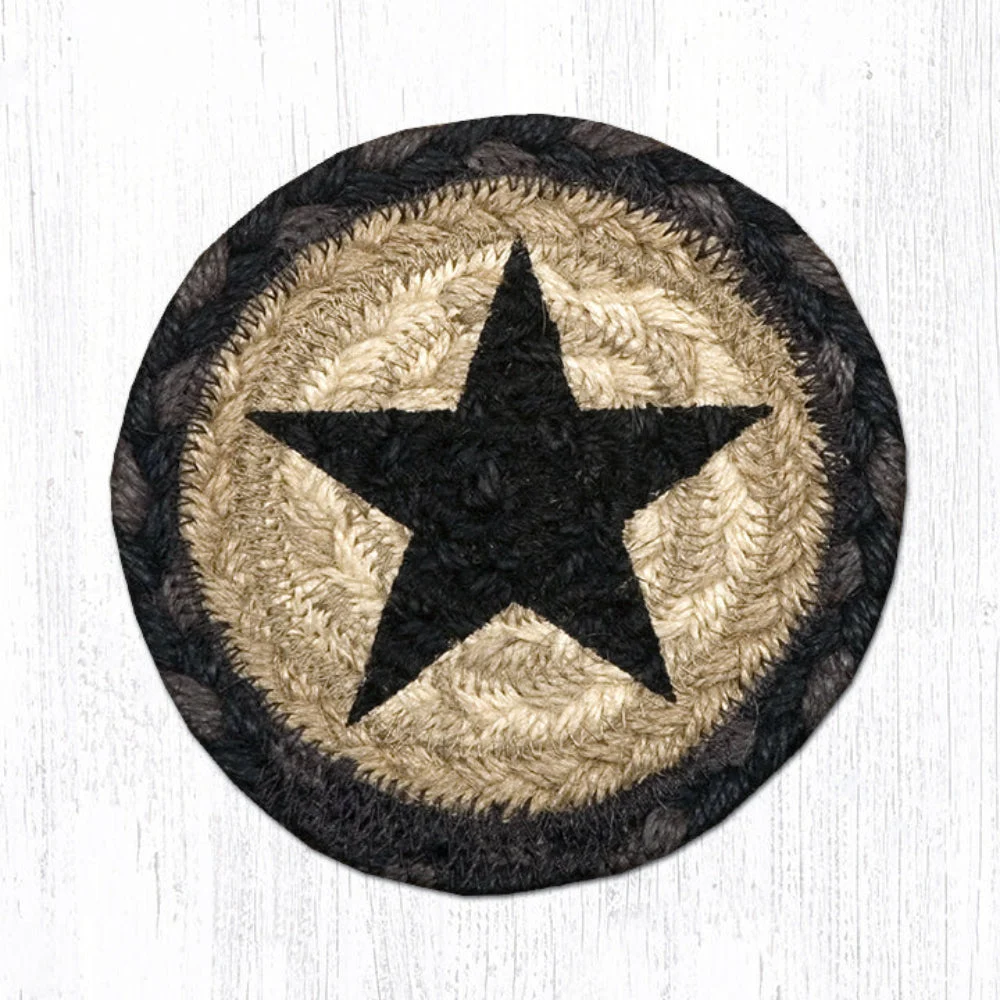 Earth Rugs Black Star Round Jute Coaster 5"x5" – Hand Stenciled Rustic Accent
