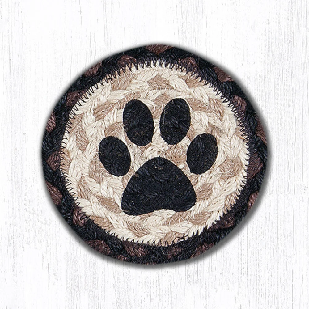 Earth Rugs Cat Paw Jute Coaster – 5"x5" Round Hand Stenciled Rustic Drink Mat