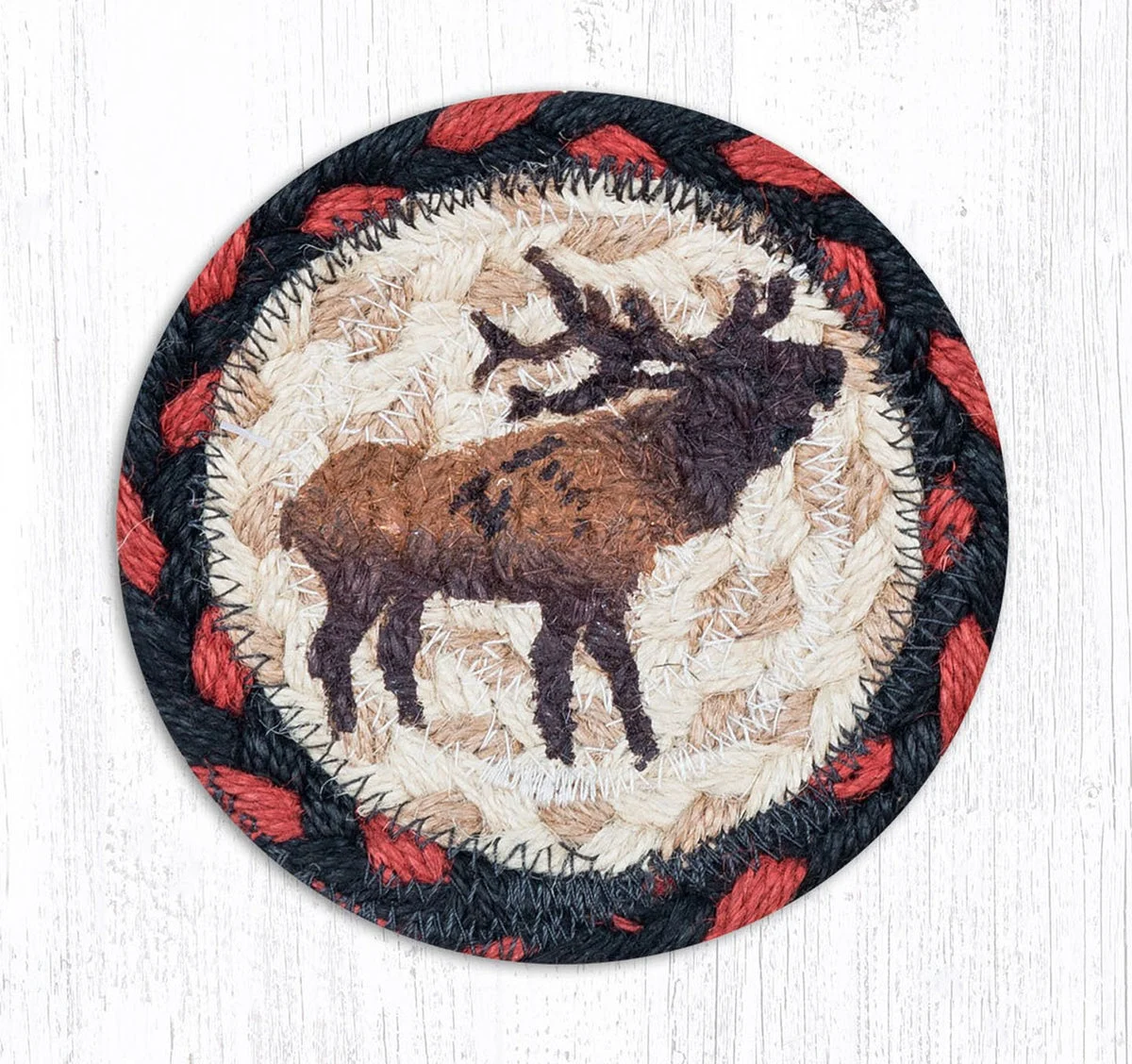 Earth Rugs Winter Elk Coaster – 5"x5" Braided Jute with Printed Woodland Wildlife Scene for Rustic Lodge & Cabin Decor