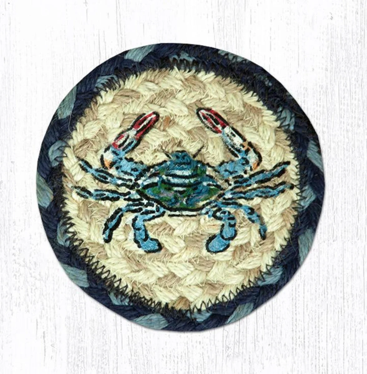Earth Rugs Blue Crab Coaster – 5"x5" Braided Jute with Coastal Nautical Crab Print for Beach House & Seaside Decor