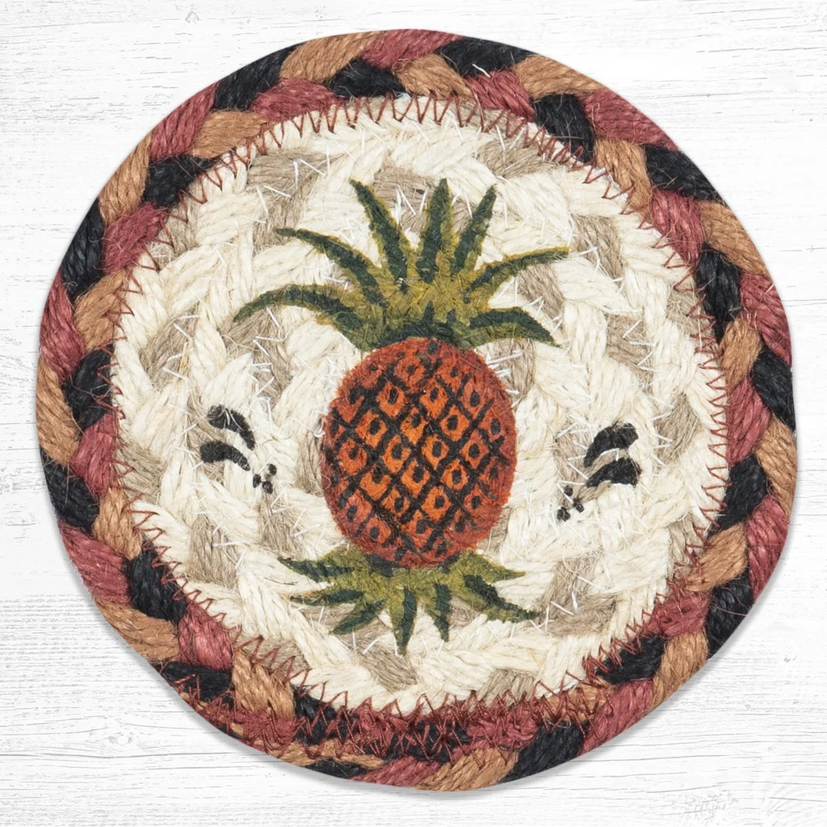 Earth Rugs Pineapple Coaster – 5"x5" Braided Jute with Welcome Symbol Pineapple Print for Farmhouse & Country Kitchen Decor